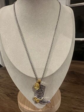 Two-Tone Silver and Gold Cowboy Boot Pendant Necklace - Women Jewelry